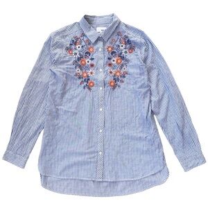 Sonoma Blue & White Striped Shirt, Flower Embroidery, Long Sleeve, Sz Medium